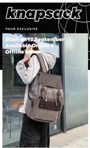 Mochila de lona vintage con solapa de cuero y cierre de cordón en entorno urbano moderno