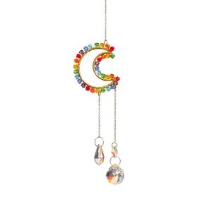 Crystal moon suncatcher hanging ornament with rainbow beads and AB clear prism pendants