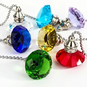 Multi-colored crystal diamond-shaped fan pull chain pendants with silver bead chains