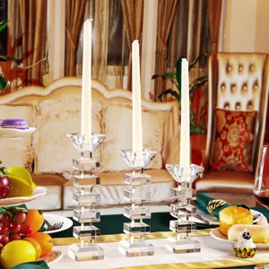 Set of three modern European crystal taper candle holders for home decor and weddings