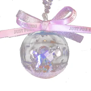 Transparent crystal ball car hanging ornament with iridescent angel and pink ribbon