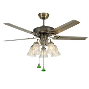 Antique bronze ceiling fan with five light fixtures and green crystal pull chains
