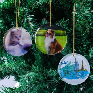 Detailed view of circular acrylic Christmas ornaments with animal and landmark prints