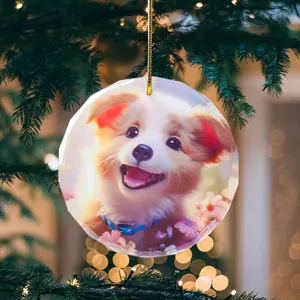 Detail view of a round Christmas tree ornament featuring a cute puppy print decor