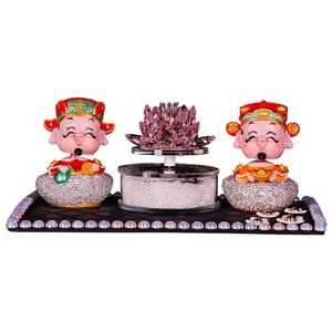 Exquisite crystal car dashboard ornament set with Fortune God figurines and pink lotus flower