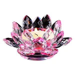 Exquisiter Kristall-Lotus-Kerzenhalter in Pink für buddhistischen Altar oder Deko