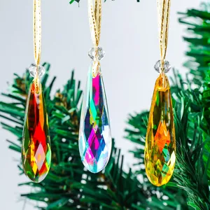 Set of 3 faceted crystal teardrop Christmas tree ornaments in vibrant festive colors