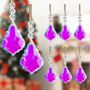 Set of eight purple crystal teardrop Christmas tree ornaments with clear beads and gold cord