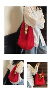 Red hollow-out knitted tote bag with large capacity, shown in multi-angle detail shots