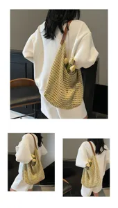 Detail view of a beige hollow knit woven mesh bag with brown leather strap