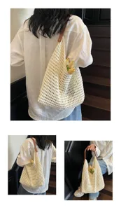 Detailed view of a white hollow knit mesh shoulder bag with a brown leather strap