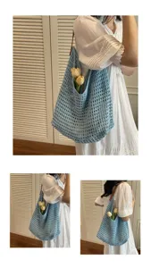 Summer fashion large capacity light blue hollow mesh crochet knit shoulder bag for women