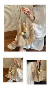 Detailed view of the hollow mesh knitted shoulder bag with decorative yellow tulips