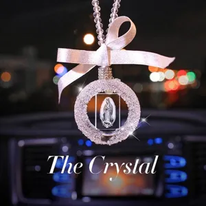 Elegant 3D crystal engraved car hanging ornament with religious motif and white bow