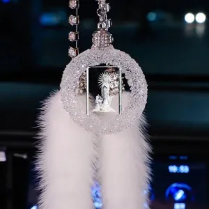 Elegant 3D inner carved crystal car hanging ornament with white faux fur tassel