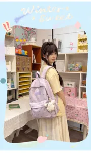 Detailed view of purple backpack with heart patterns worn by student in study room