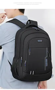 Detailansicht eines minimalistischen schwarzen Business-Rucksacks aus Nylon an einem Model