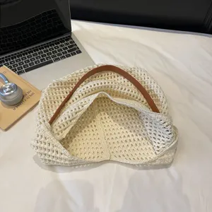 Bohemian cream crochet knit hollow tote bag with brown leather strap for summer fashion