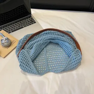 Casual blue crochet hollow-out knit shoulder bag with brown strap for summer style