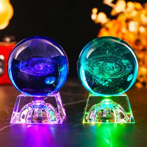 Detail view of 3D laser engraved galaxy and solar system crystal ball night lights.