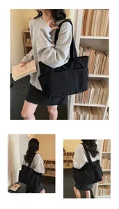Große schwarze Damen-Nylontasche in einer Bibliothek aus verschiedenen Winkeln