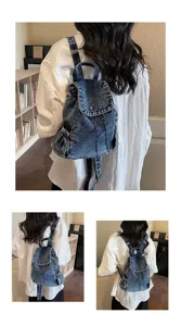 Detail view showing a vintage washed denim backpack with drawstring closure and flap top