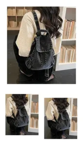 Detailed view of a vintage dark denim drawstring backpack worn in a library setting