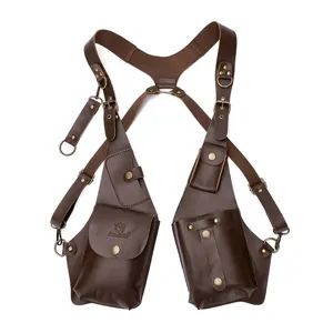 Professional vintage brown leather men's shoulder holster vest bag with multiple pockets