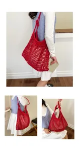 Vues détaillées d'un sac cabas en maille creuse tressée rouge idéal pour les vacances