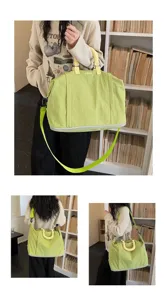 Large lime green travel bag with expandable bottom shown in multiple poses