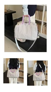 Versatile large capacity travel bag shown in handheld and shoulder carrying styles