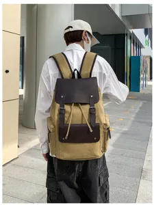 Mochila vintage de lona caqui con cordón y solapa de cuero para viajes y el trabajo