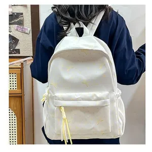 Mochila blanca linda estilo coreano con patrones de lazo amarillo y detalle borla