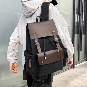 Mochila vintage de lona con cierre de cordón y solapa de cuero para viajes y diario