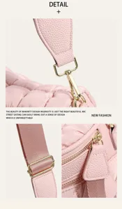 Close-up details of pink quilted puffer bag with leather straps and gold hardware.