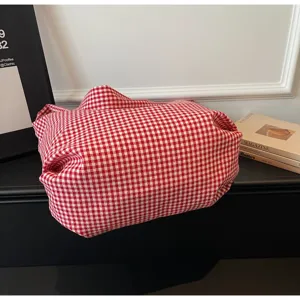 Minimalist red and white gingham check nylon canvas tote bag for casual women style