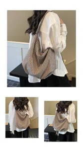 Detailed views of the large capacity brown checkered nylon canvas tote bag for women