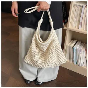 Sac cabas chic en macramé crème pour la plage ou les voyages, style décontracté de mode