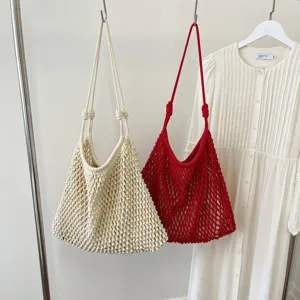 Grande Capacité Sac Fourre-tout Tissé Ajouré Femme Minimaliste Décontracté Crochet Maille Sac à Épaule pour Vacances Plage