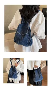 Detailed lifestyle views of a retro denim backpack featuring a drawstring and flap.