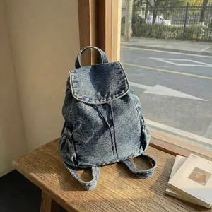 Retro Washed Denim Drawstring Backpack Large Capacity Student Schoolbag Unisex Casual Travel Daypack Denim Rugged Bag