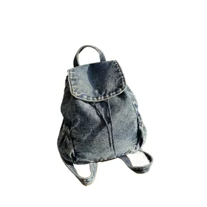 Vintage blue denim backpack with drawstring closure and large capacity
