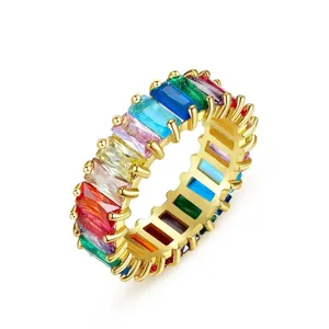 Anillo de Eternidad de Circonia Arcoíris para Mujer Corte Baguette Zircón Colorido Anillo de Cobre Chapado en Oro Rosa Joyería de Banquete