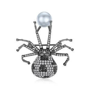 Elegante Spinne Brosche mit schwarzen und weißen Zirkonia und Perle.