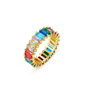 Impresionante anillo de eternidad con circonita arcoíris para mujer, banda de 5mm