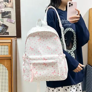 Lindo bolso escolar blanco de estilo coreano con patrones de lazos rosas para estudiantes