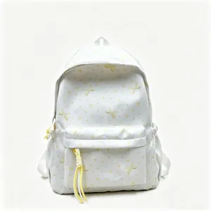 Mochila blanca linda estilo coreano con lazo amarillo y estampado floral para estudiantes
