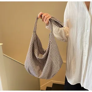Minimalist brown and white checkered canvas tote bag with large capacity for women