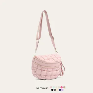 Stylish quilted puffer bubble crossbody bag with adjustable strap in soft pink color