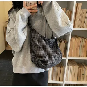 Large checkered nylon canvas crossbody bag for women in a casual literary style